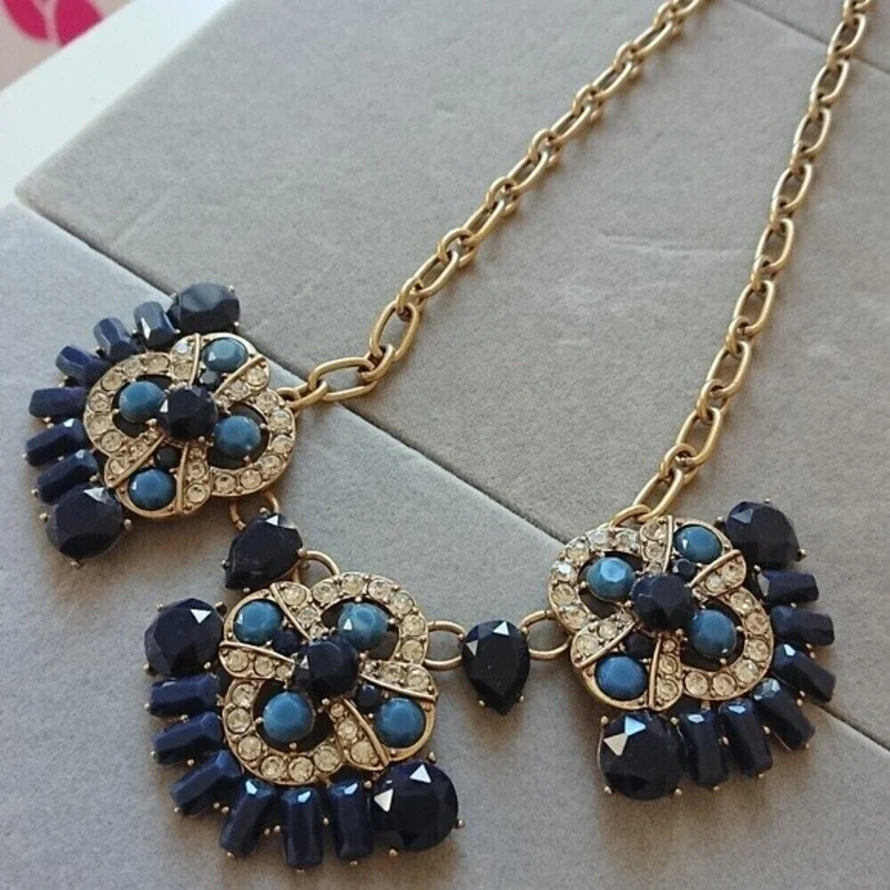 J. Crew Chunky Statement Gold Tone Blue & Clear Rhinestones Necklace